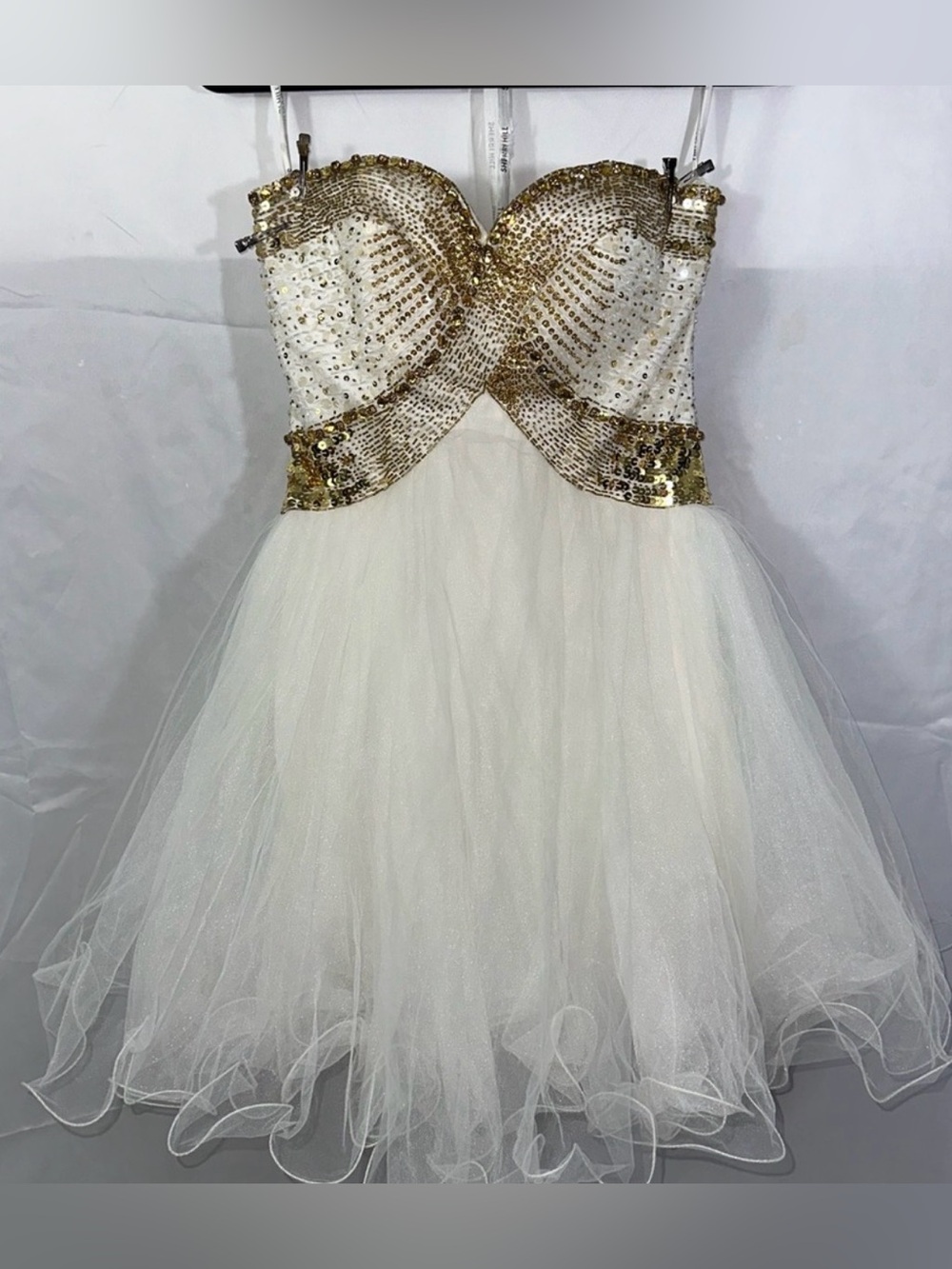 Sherri Hill Strapless White and Gold Sequin semi Formal Dress 4